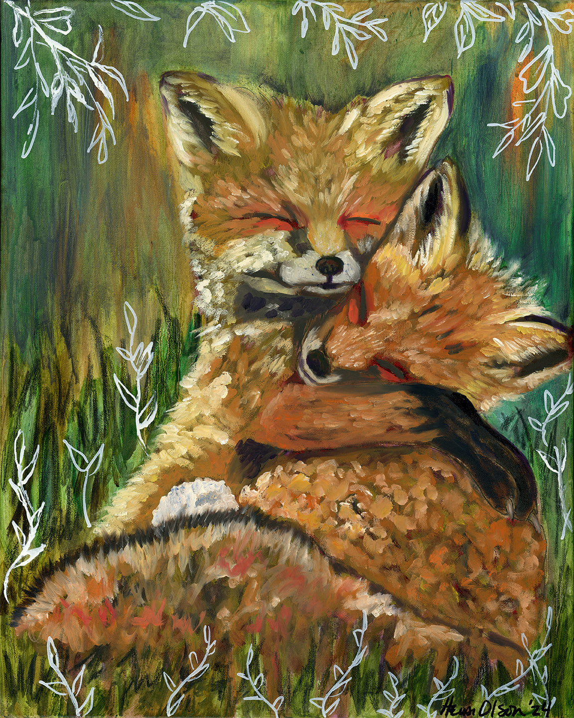 Heidi Olson's Original Art "Best of Friends" is of two foxes hugging. 